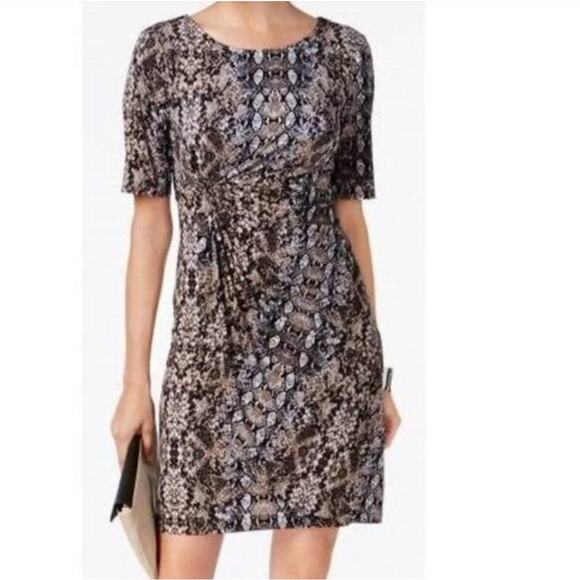 connected apparel Dresses & Skirts - Connected Ruched Mini Sheath Dress Black & Tan Animal Snakeskin Python Size 4P